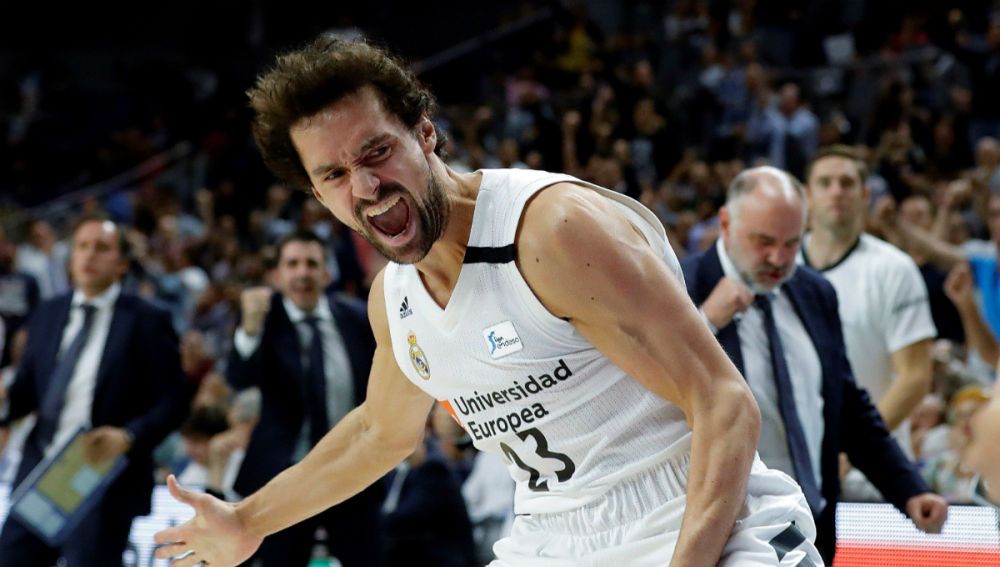 sergio llull celebrando una canasta con el real madrid